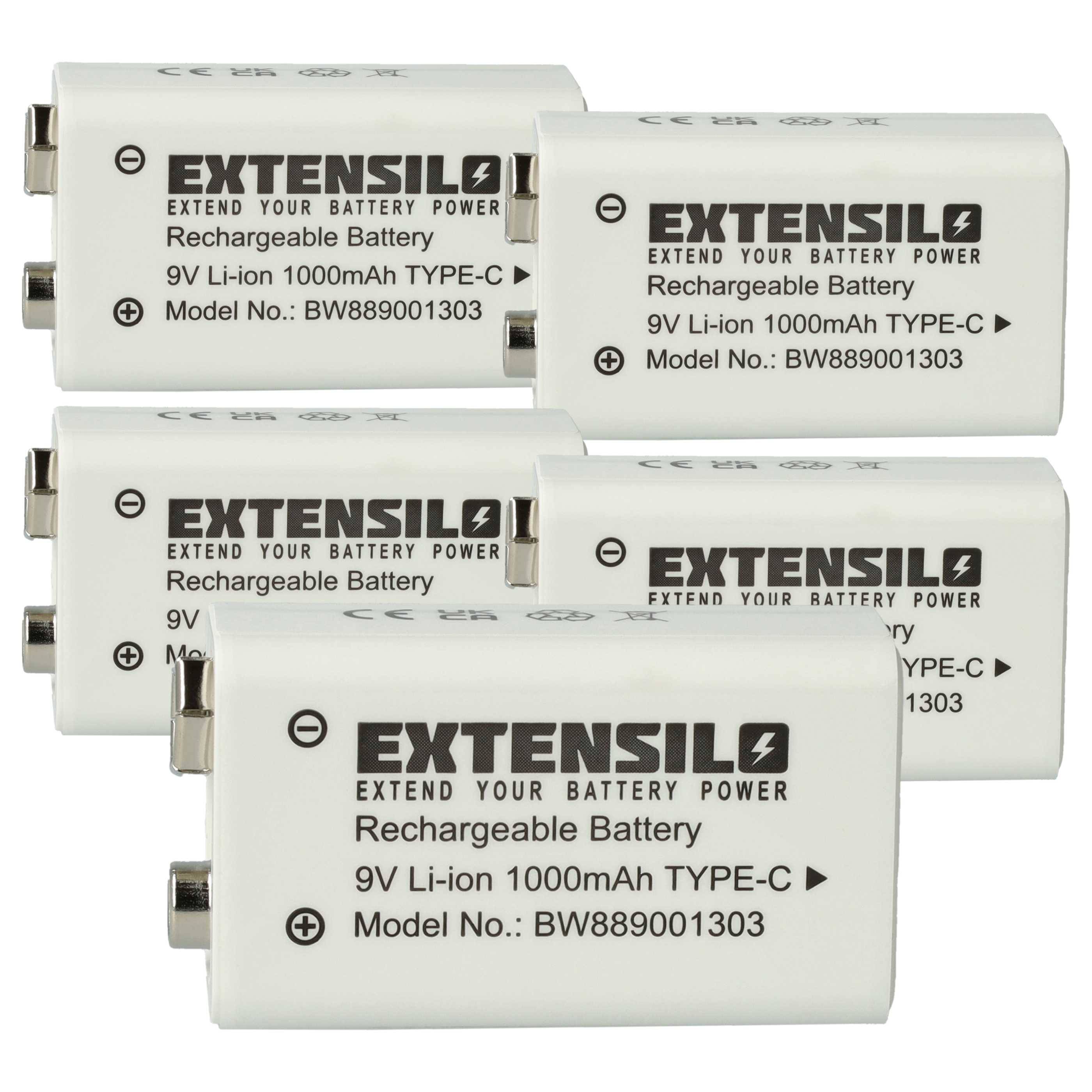 EXTENSILO 5x 9V-Akku Block für diverse Geräte (1 Ah, 9 V, Li-Ion) | ready-to-use, mit USB-C Buchse-0
