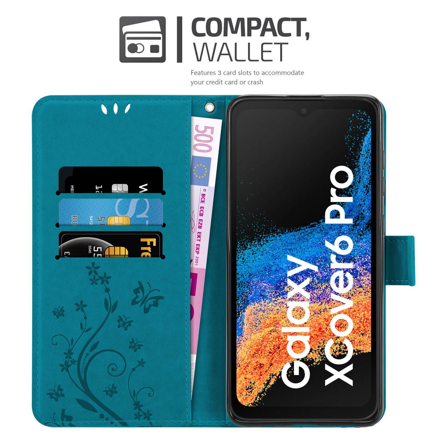 Cadorabo Hülle für Samsung Xcover 6 Pro Schutz Hülle in Blau Schutzhülle Handy Hülle Etui Case Blumen Flower-1