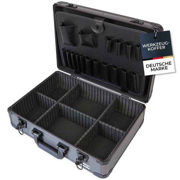 HMF Alu Werkzeugkoffer leer mit 17 Einsteckfächern für Werkzeug, verstellbarer Facheinteilung, 46 x 33 x 15 cm, Schwarz