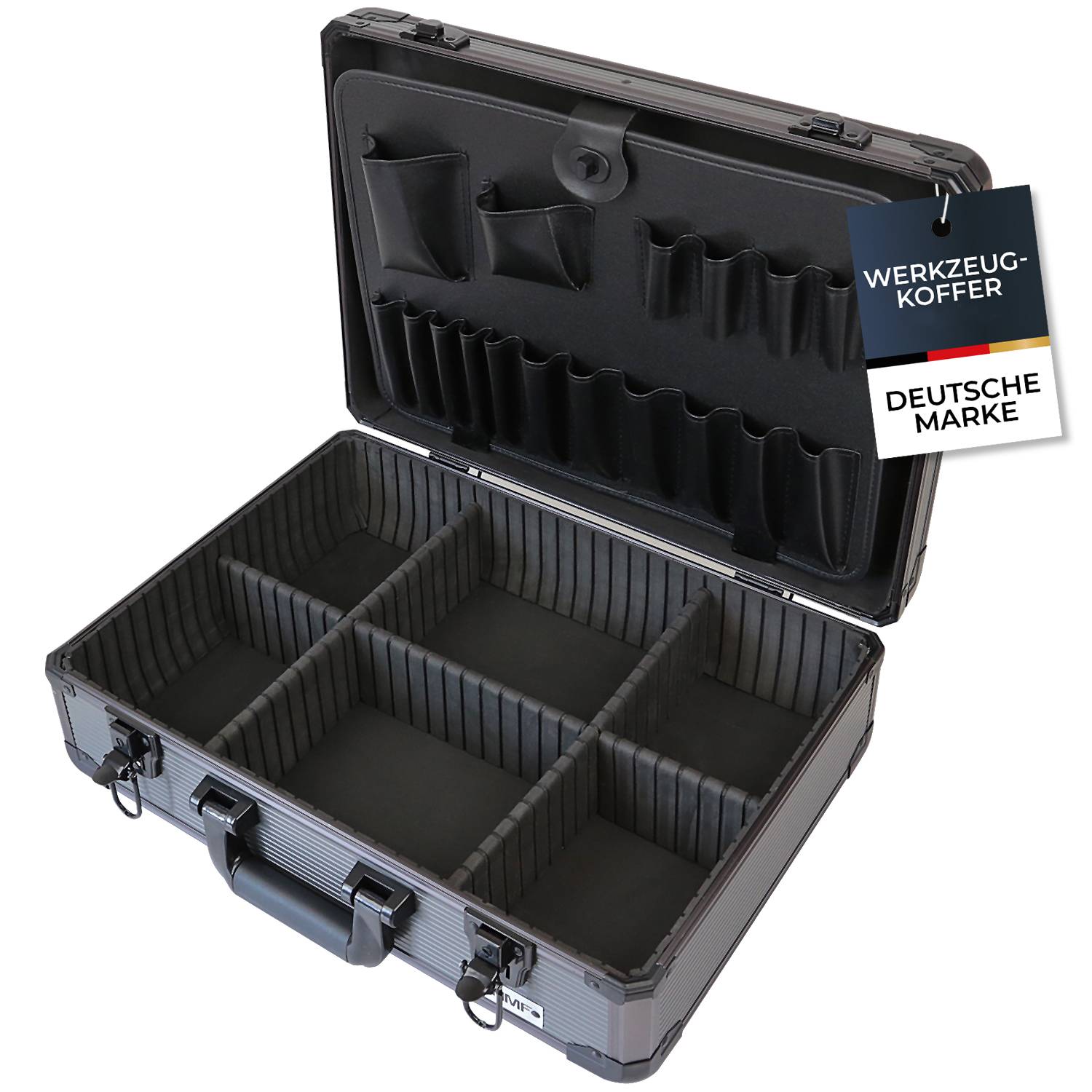 HMF Alu Werkzeugkoffer leer mit 17 Einsteckfächern für Werkzeug, verstellbarer Facheinteilung, 46 x 33 x 15 cm, Schwarz-0