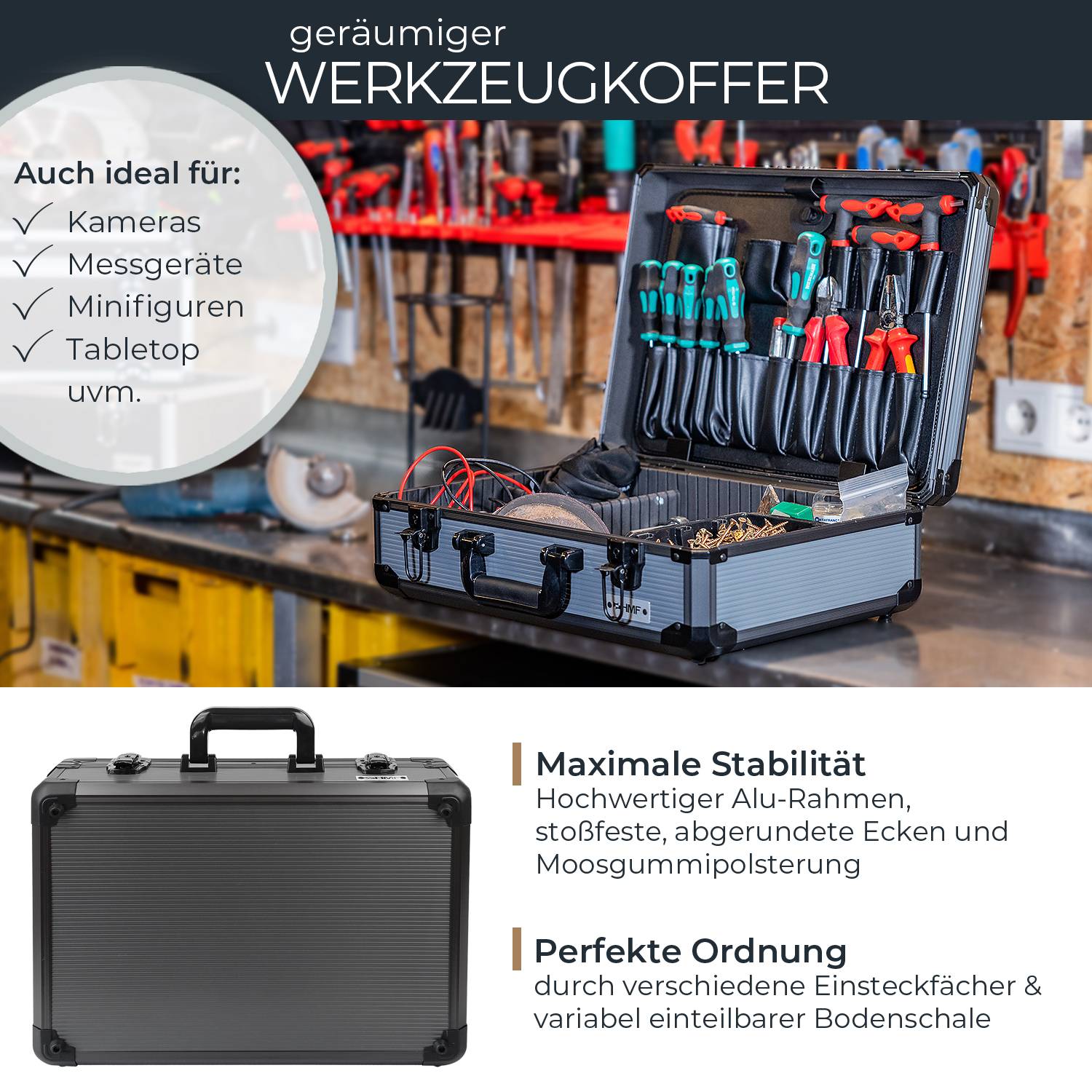 HMF Alu Werkzeugkoffer leer mit 17 Einsteckfächern für Werkzeug, verstellbarer Facheinteilung, 46 x 33 x 15 cm, Schwarz-1