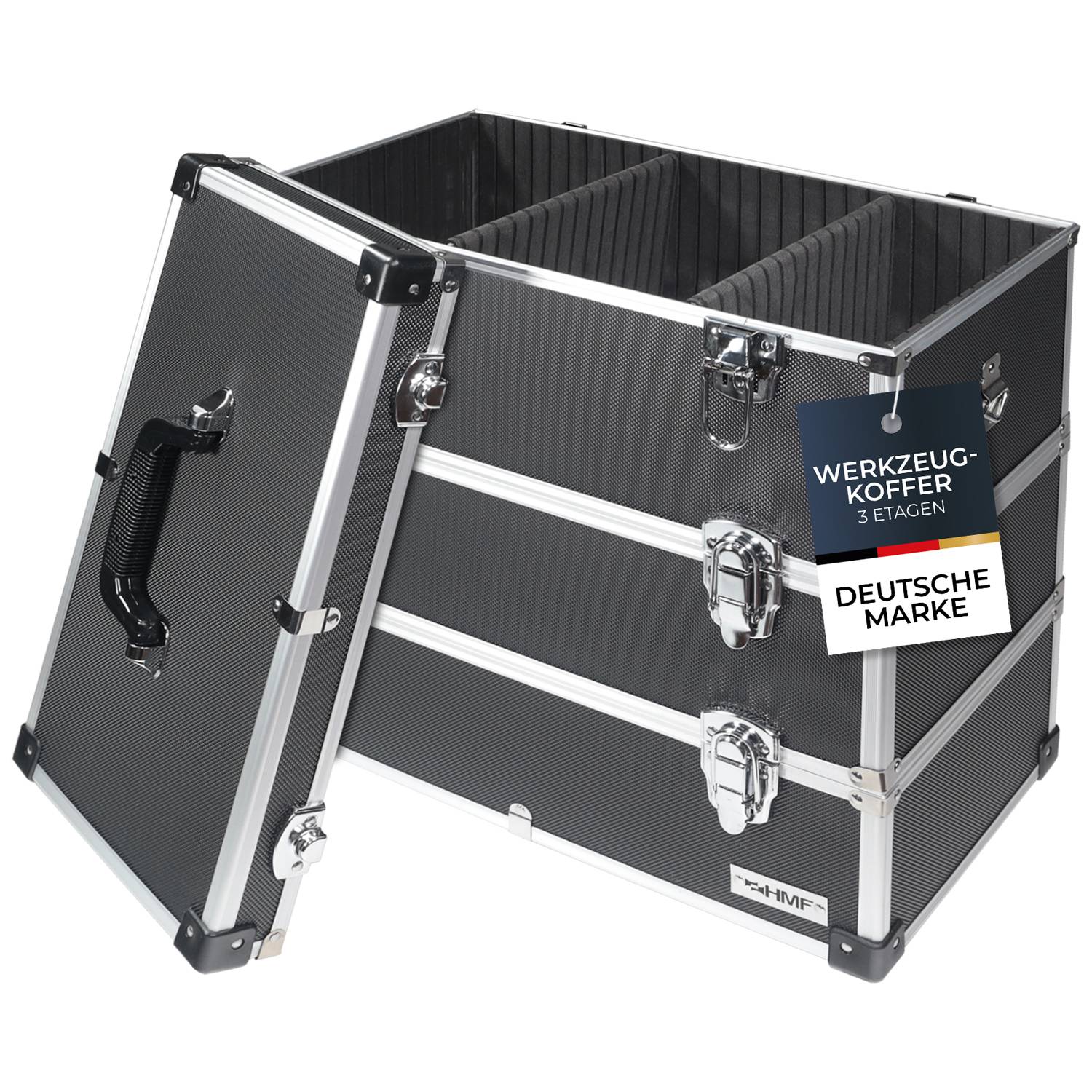 HMF 14661-02 Alu Werkzeugkoffer leer, 3 Etagen, 44 x 45 x 24 cm, Schwarz-0