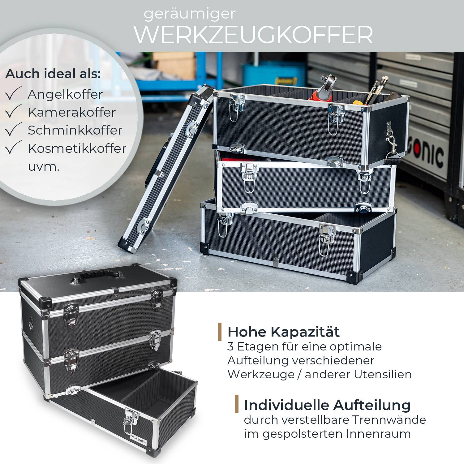 HMF 14661-02 Alu Werkzeugkoffer leer, 3 Etagen, 44 x 45 x 24 cm, Schwarz-1