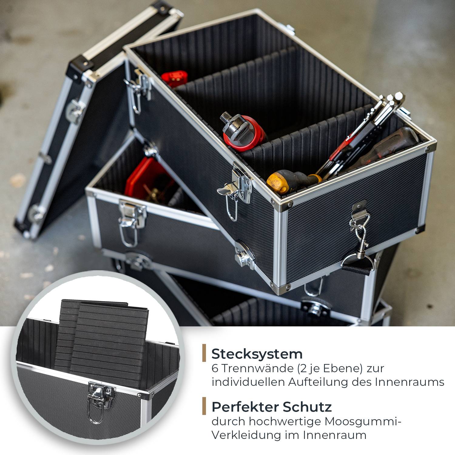 HMF 14661-02 Alu Werkzeugkoffer leer, 3 Etagen, 44 x 45 x 24 cm, Schwarz-2