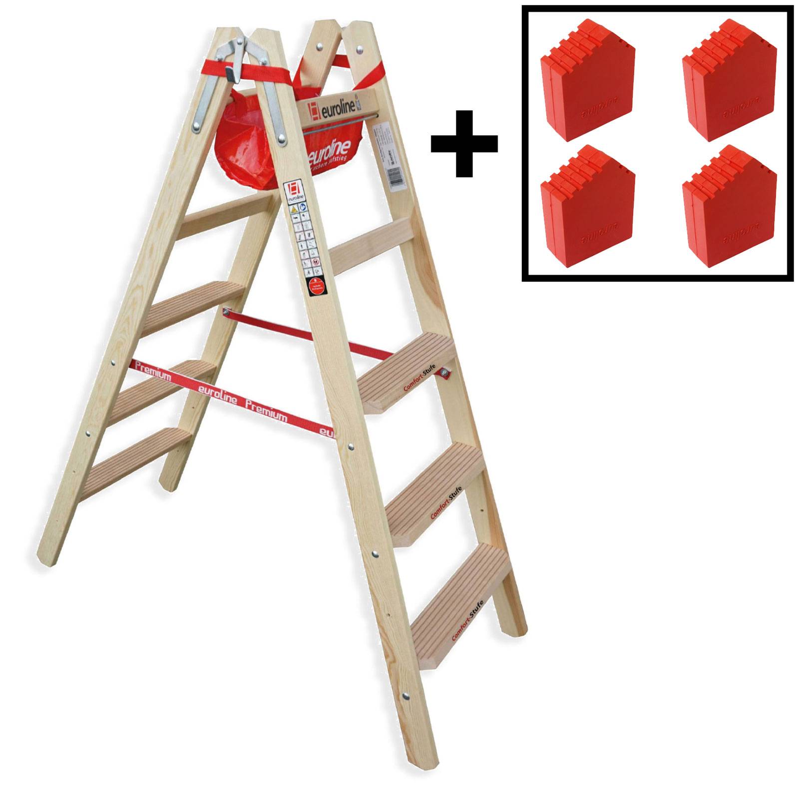 Euroline Holz Stufenstehleiter mit Comfort-Stufen mit Werkzeugablage +4x Leiterfüße 2x5 Stufen-0