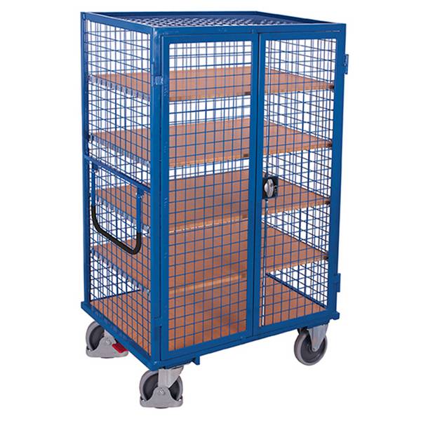 VARIOfit Etagenwagen, außen vergittert mit Flügeltür, Drehgriff und 5 Ladeflächen 1045x685mm