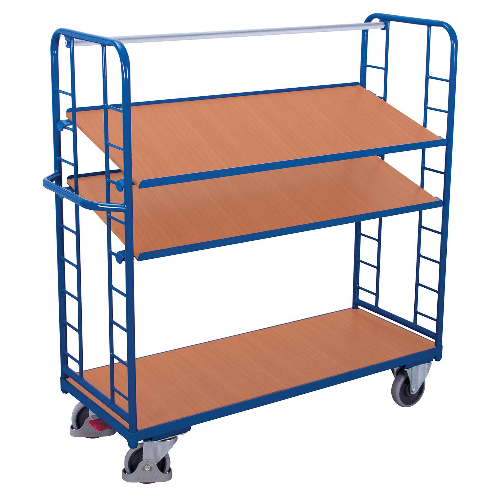 VARIOfit Etagenwagen mit Seiten aus Drahtgitter, Rohrschiebegriff und 2 neigbaren Etagenboden 1355x5-0