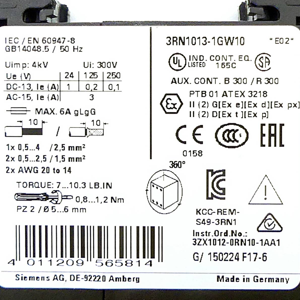 Siemens Indus.Sector Thermistor-Motorschutz Auswertegerät 3RN1013-1GW10-1
