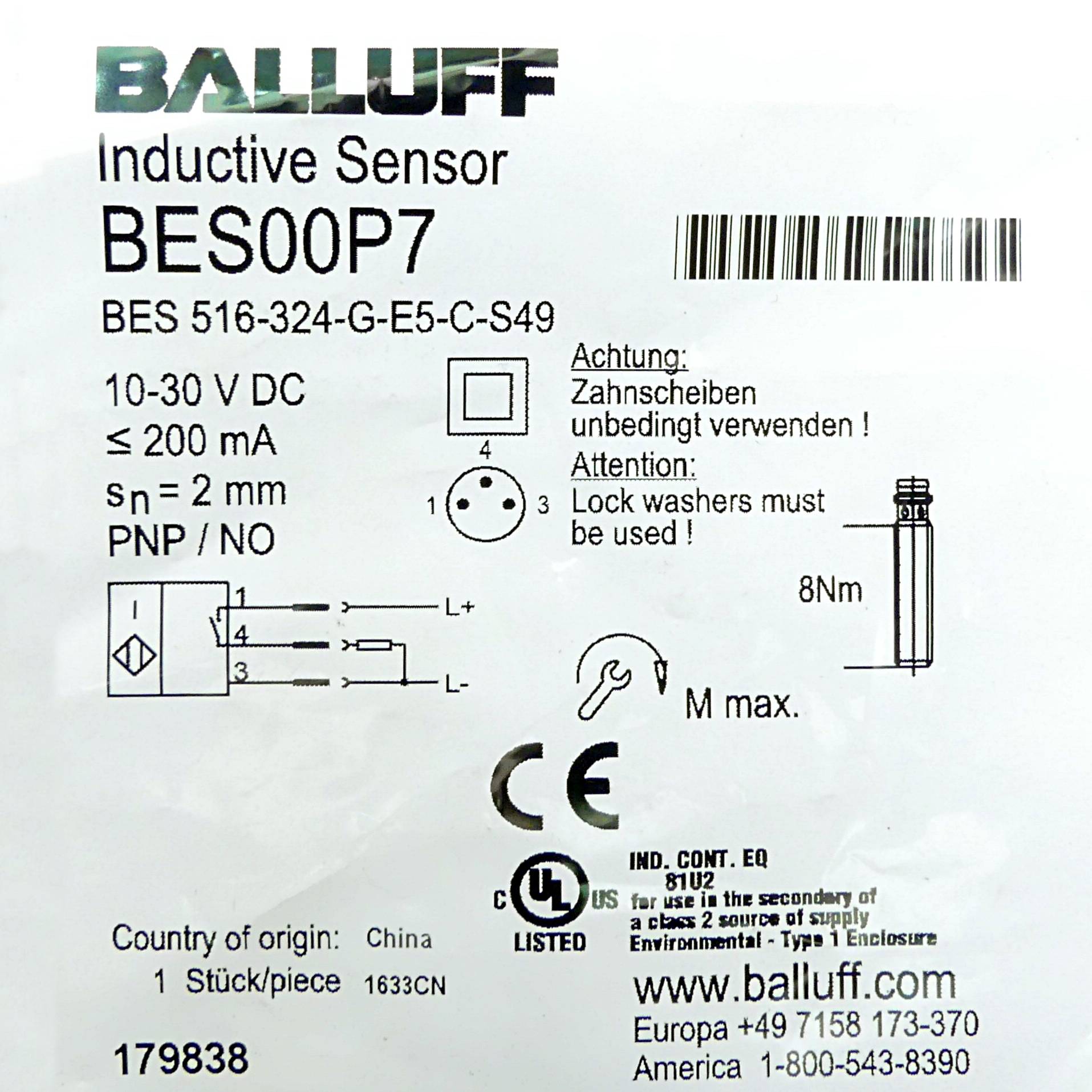 BALLUFF Induktiver Näherungsschalter BES00P7 BES 516-324-G-E5-C-S49 (BES 516-324-G-E5-C-S49)-1