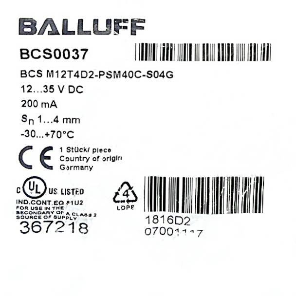 BALLUFF Kapazitiver Sensor zur Objekterkennung BCS0037 (BCS M12T4D2-PSM40C-S04G-new-fs)-1