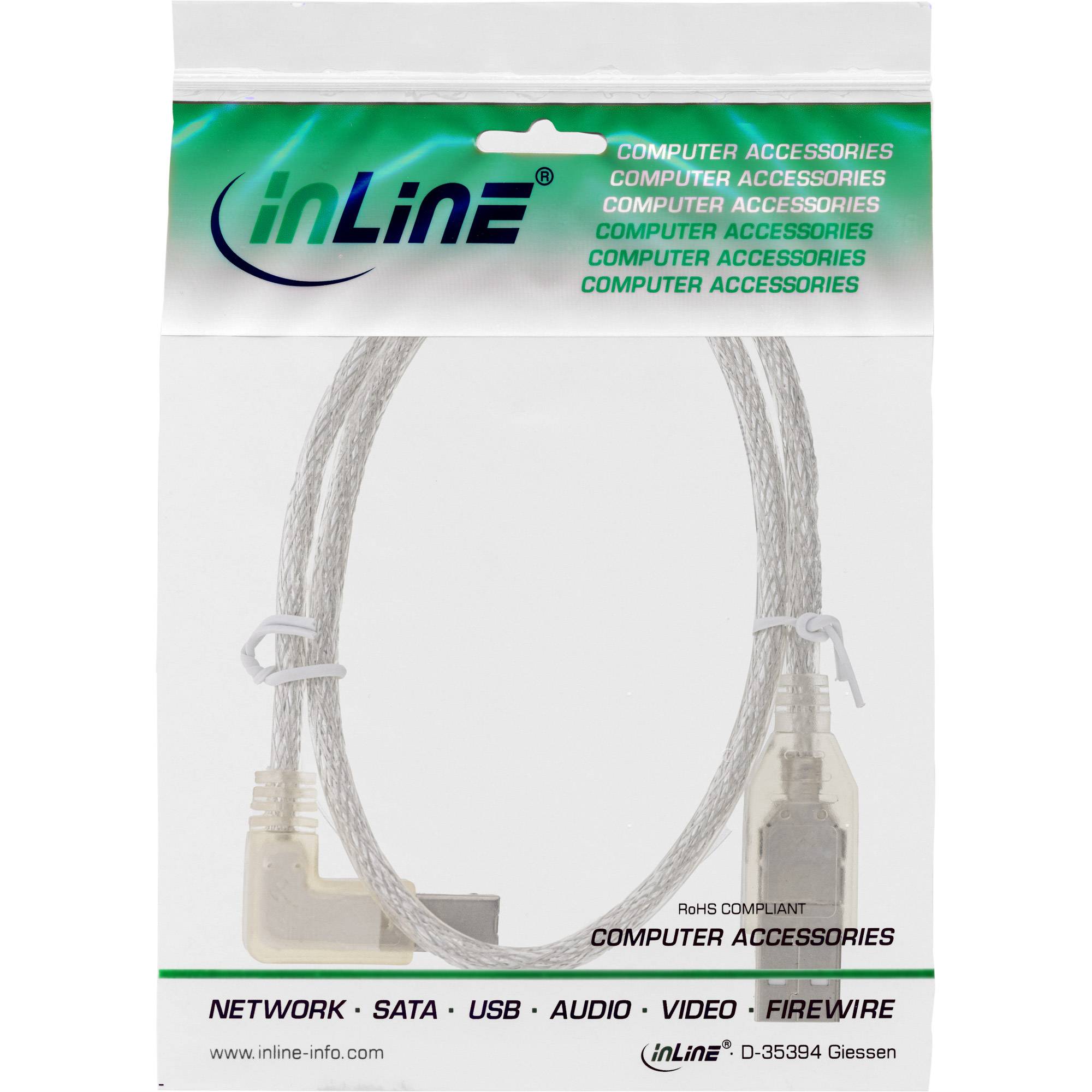 InLine® USB 2.0 Kabel, A an B, links abgewinkelt, transparent, 0,3m-1