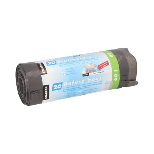 20 Müllsäcke mit Zugband, LDPE 60 l 75 cm x 65 cm grau 22 my