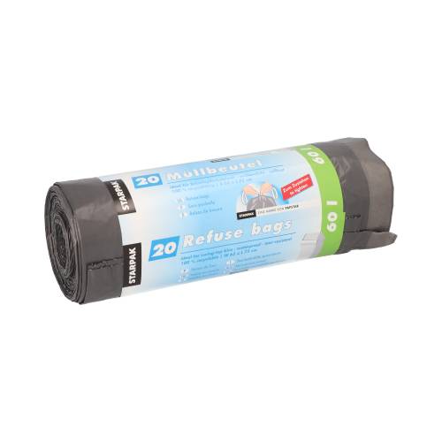 20 Müllsäcke mit Zugband, LDPE 60 l 75 cm x 65 cm grau 22 my-0