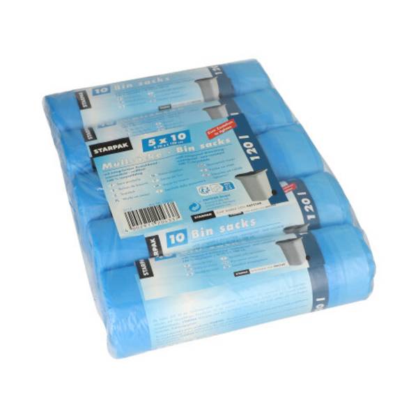50 Müllsäcke mit Zugband, HDPE 120 l 100 cm x 70 cm blau 24 my