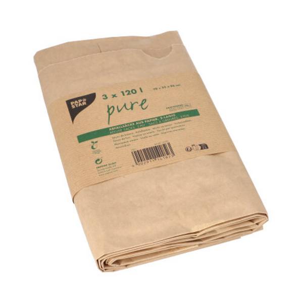 3 Abfallsäcke aus Papier "pure" 120 l 93 cm x 45 cm x 21 cm braun , 2-lagig