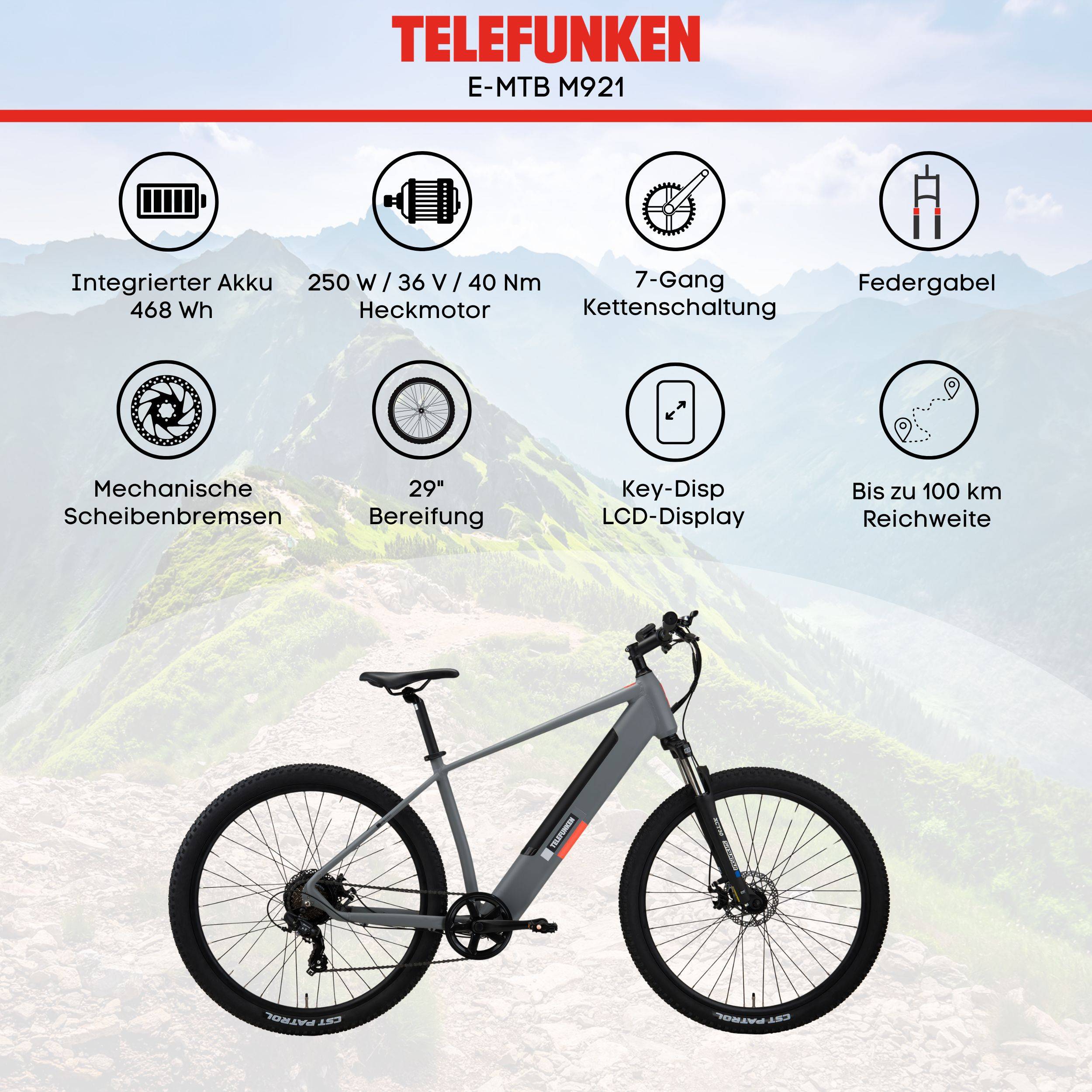 Telefunken MTB E-Bike Mountainbike | Elektrofahrrad 29 Zoll | Kettenschaltung | Heckmotor | 468 Wh Akku | EBike Pedelec-3