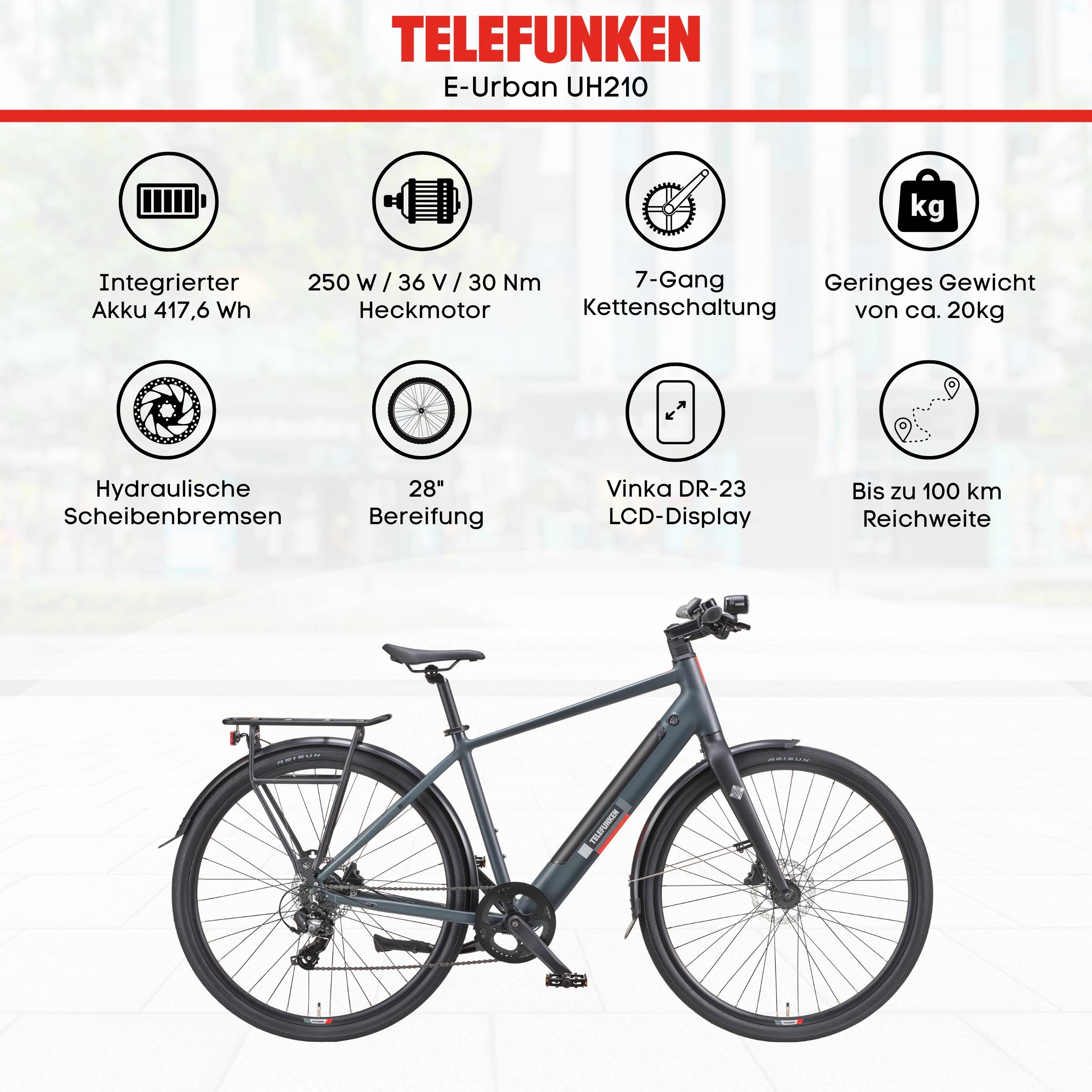 Telefunken Urban E-Bike Herren UH210 28 Zoll Hinterradmotor 7-Gang Kettenschaltung-4