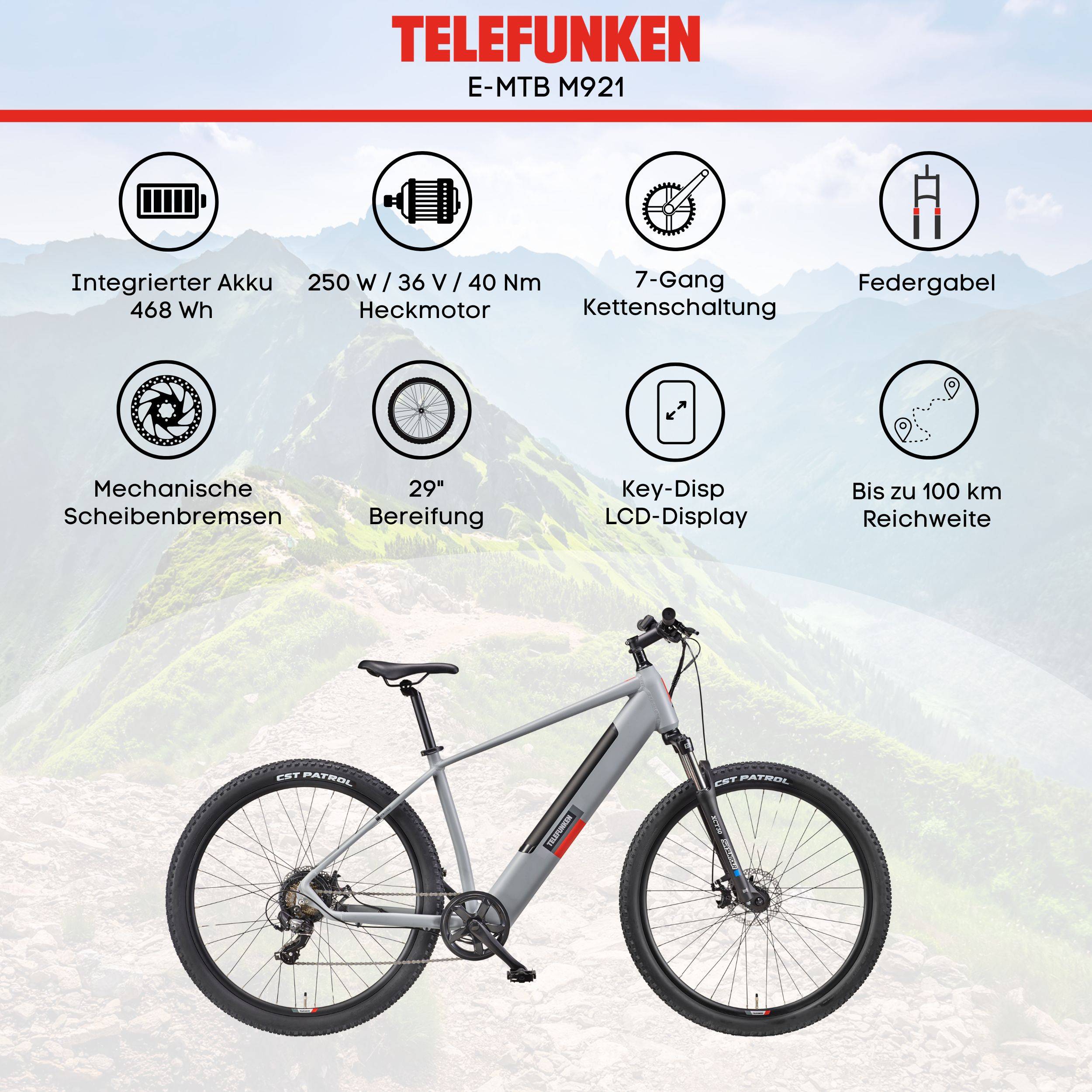 Telefunken MTB E-Bike Mountainbike | Elektrofahrrad 29 Zoll | Kettenschaltung | Heckmotor | 468 Wh Akku | EBike Pedelec-4