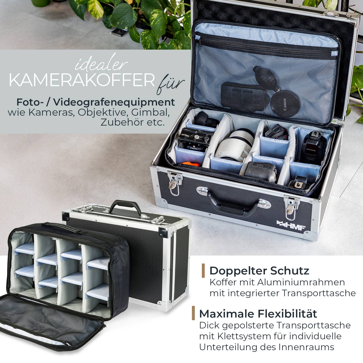 HMF Fotokoffer mit Schaumstoff, große Kameratasche mit variabler Facheinteilung, 48 x 32 x 22,5 cm, Schwarz-1