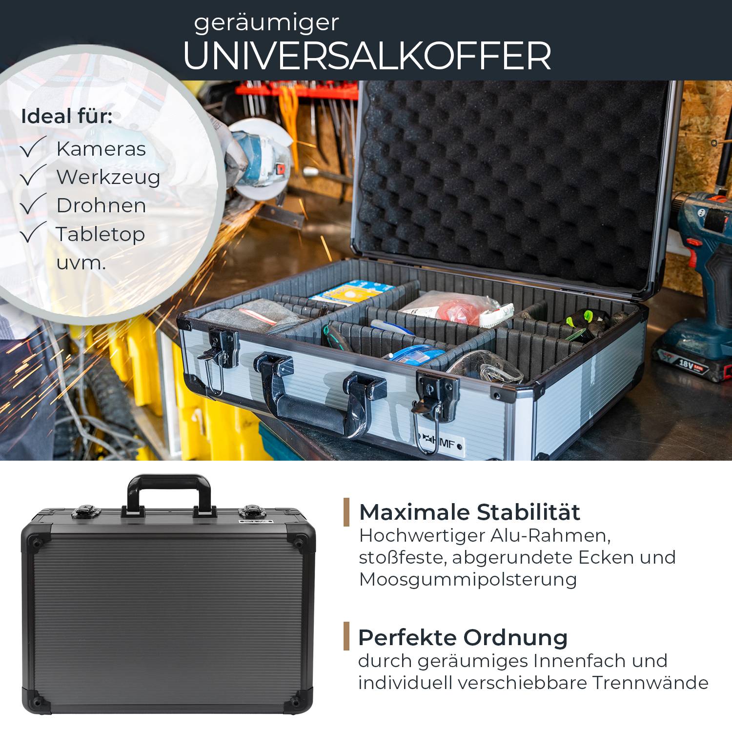 HMF 14502-02 Alu Transportkoffer, Aufbewahrungskoffer, Kamerakoffer, individuelle Facheinteilung, 46 x 15 x 33 cm-1