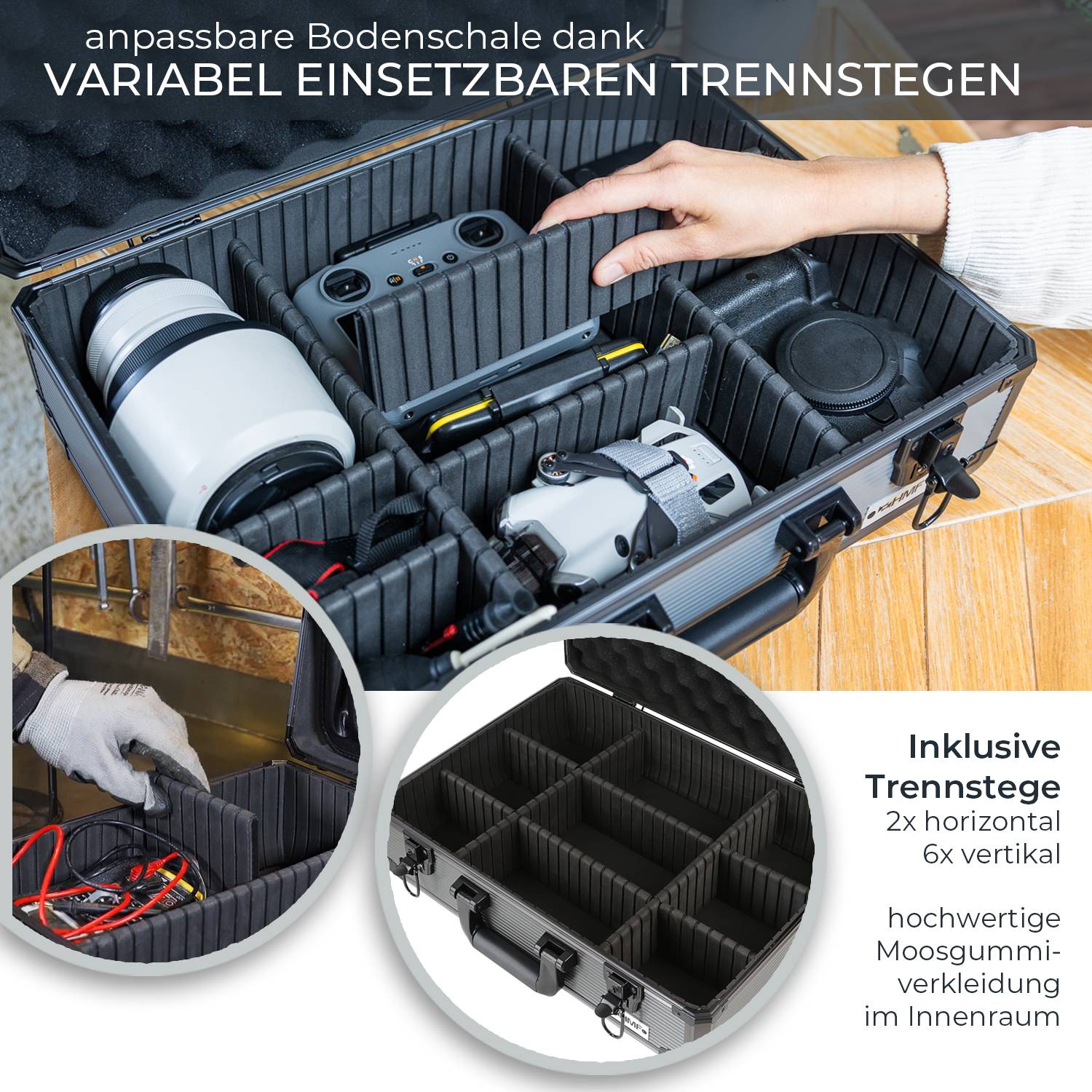 HMF 14502-02 Alu Transportkoffer, Aufbewahrungskoffer, Kamerakoffer, individuelle Facheinteilung, 46 x 15 x 33 cm-2