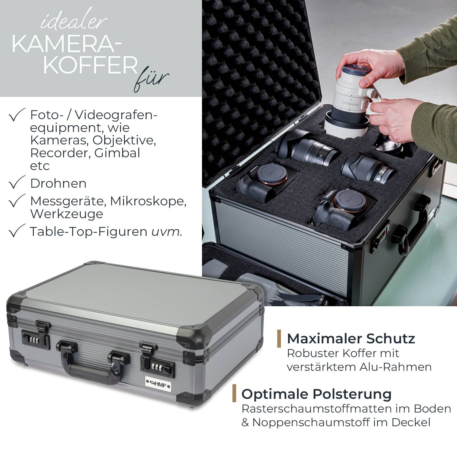 HMF 14402-02 Alu Fotokoffer, Waffenkoffer mit Rasterschaumstoff, 46 x 33 x 15 cm-1
