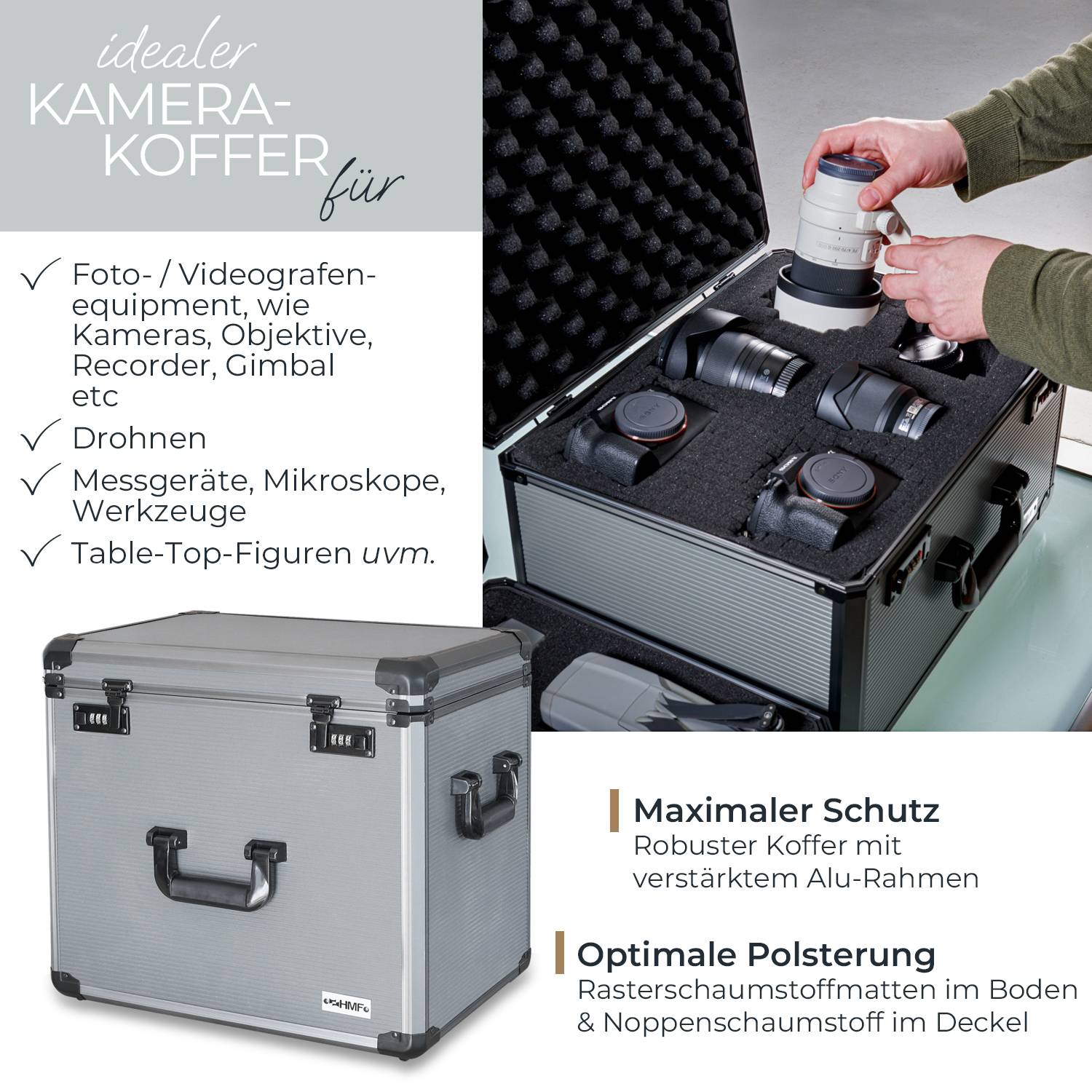 HMF 14422-02 Alu Fotokoffer, Miniaturenkoffer mit Rasterschaumstoff, 46 x 33 x 41 cm-1