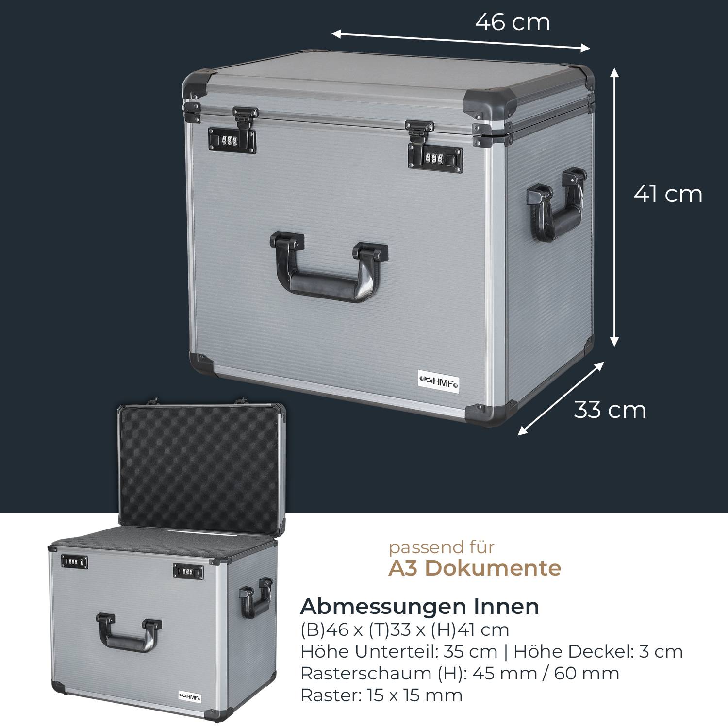 HMF 14422-02 Alu Fotokoffer, Miniaturenkoffer mit Rasterschaumstoff, 46 x 33 x 41 cm-4