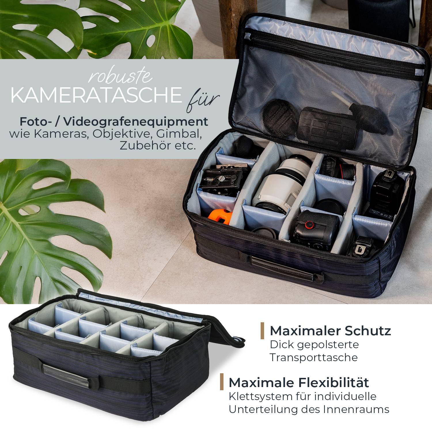 HMF Kameratasche groß, gepolsterte Fototasche mit variabler Facheinteilung, 44 x 28 x 18 cm, Schwarz-1