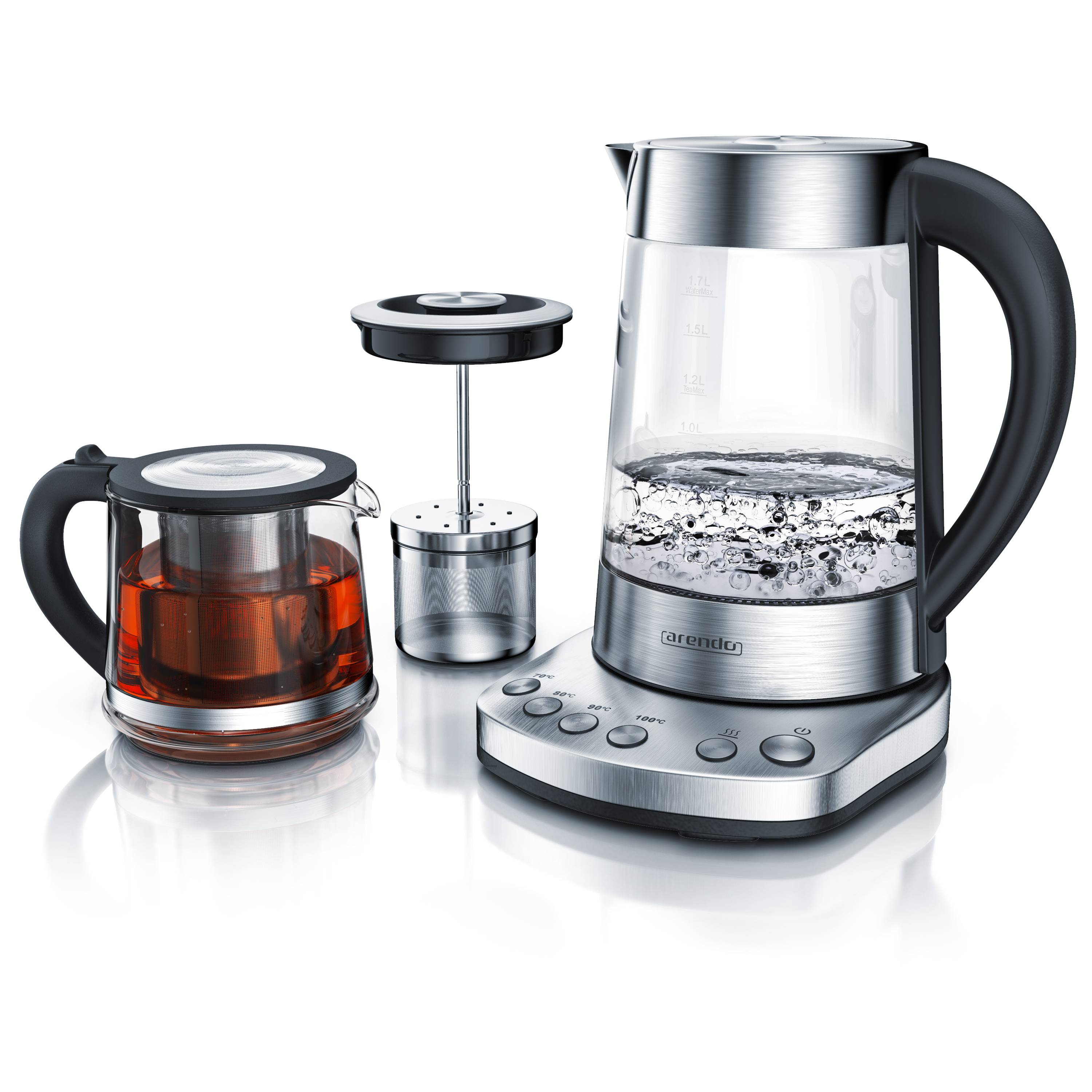 Arendo Wasserkocher 1,7 l, 2400 W, Edelstahl mit Teeaufsatz, Teekocher, Temperatureinstellung 70 - 100° C-0