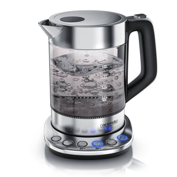 Arendo Wasserkocher 1,5 l, 2200 W, Edelstahl Glas, mit Basisstation & Temperatureinstellung 70°C - 100°C