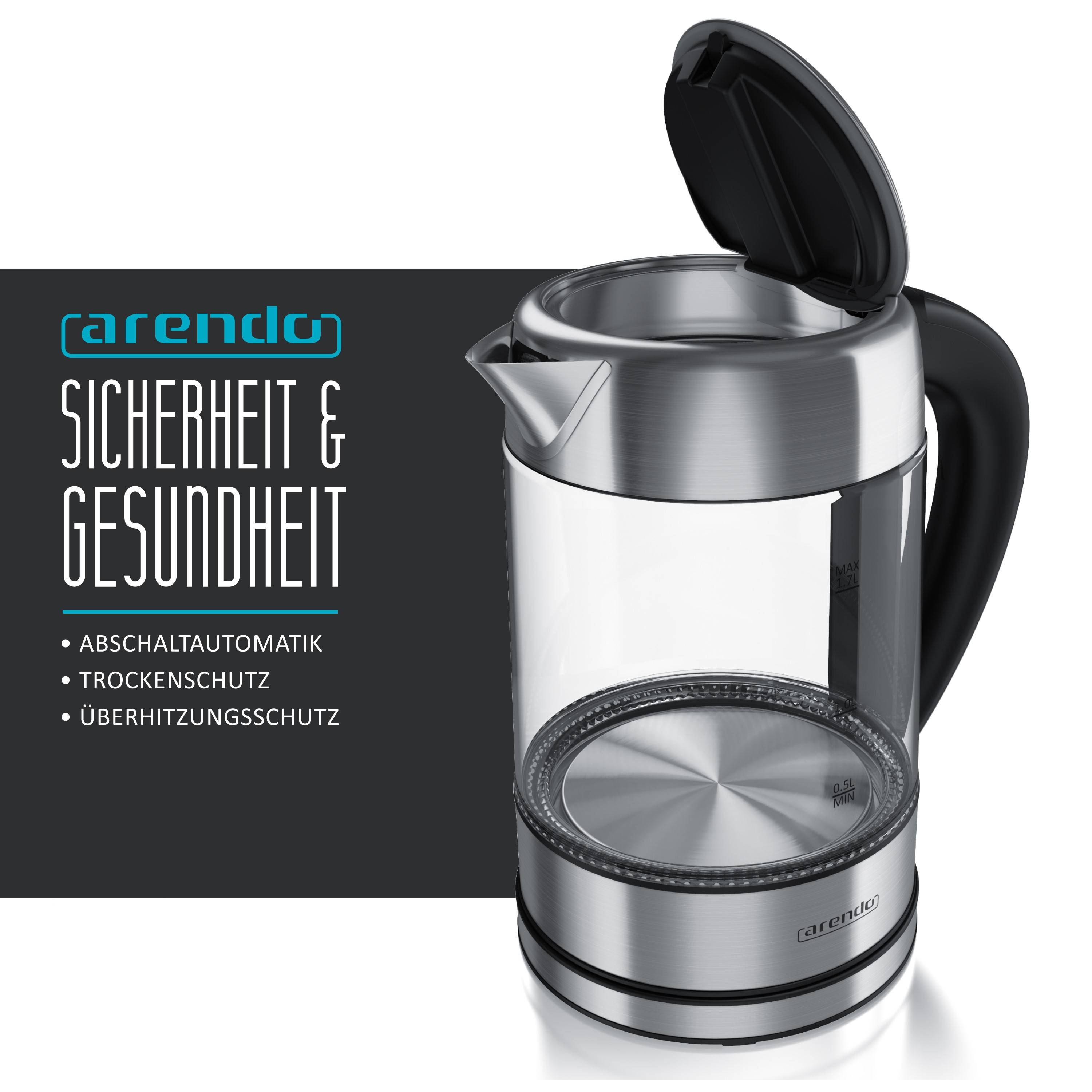Arendo Wasserkocher 1,7 l, 2200 W, Edelstahl mit Glaskörper, Temperaturwahl 40°C - 100°C, Aufkochfunktion-2