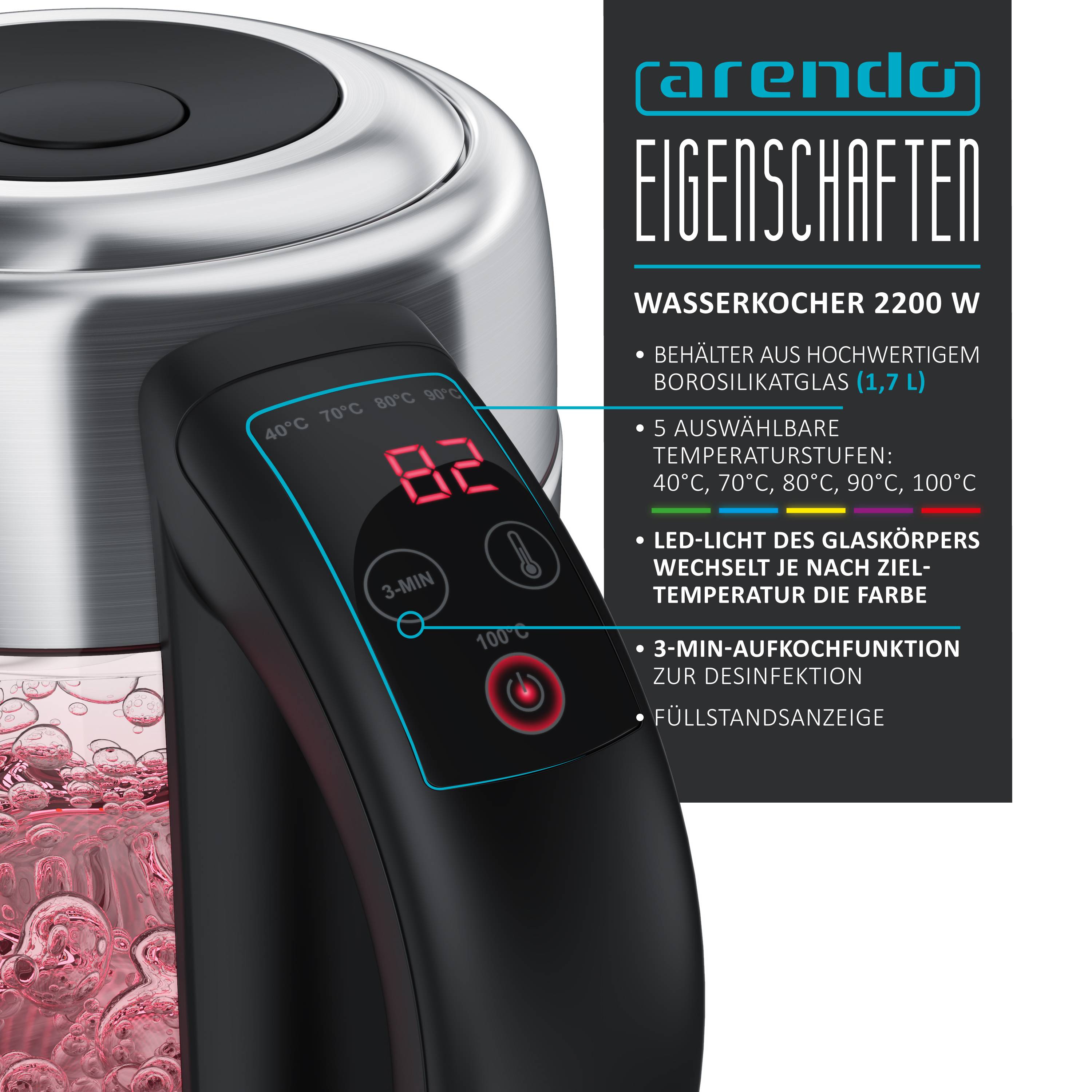 Arendo Wasserkocher 1,7 l, 2200 W, Edelstahl mit Glaskörper, Temperaturwahl 40°C - 100°C, Aufkochfunktion-3