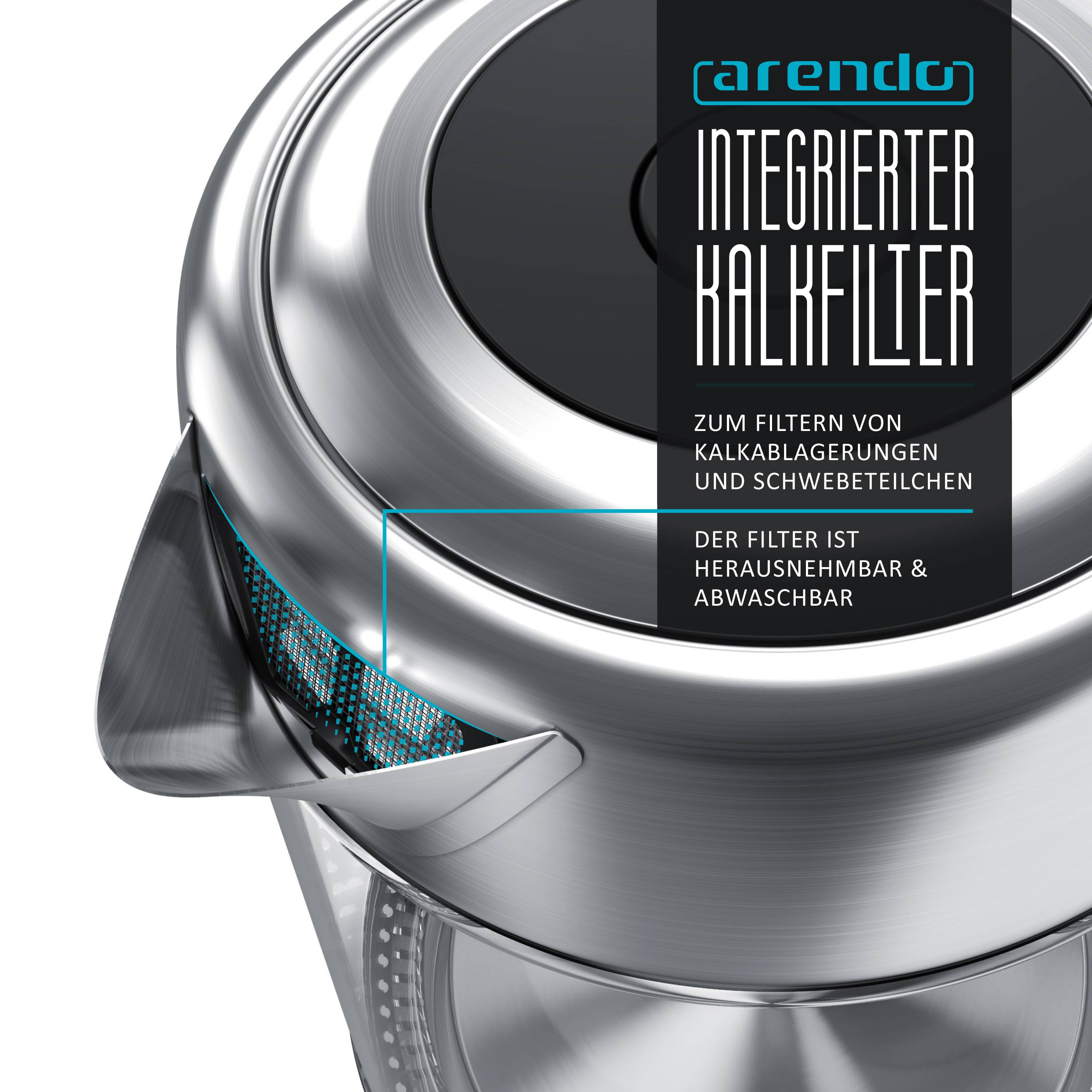 Arendo Wasserkocher 1,7 l, 2200 W, Edelstahl mit Glaskörper, Temperaturwahl 40°C - 100°C, Aufkochfunktion-4
