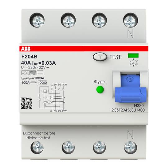 F204B-40/0,03 FI-Schutzschalter Typ B 4P, 40A, 30mA, 3kA, 4TE, 2CSF204568U1400 F204B40003