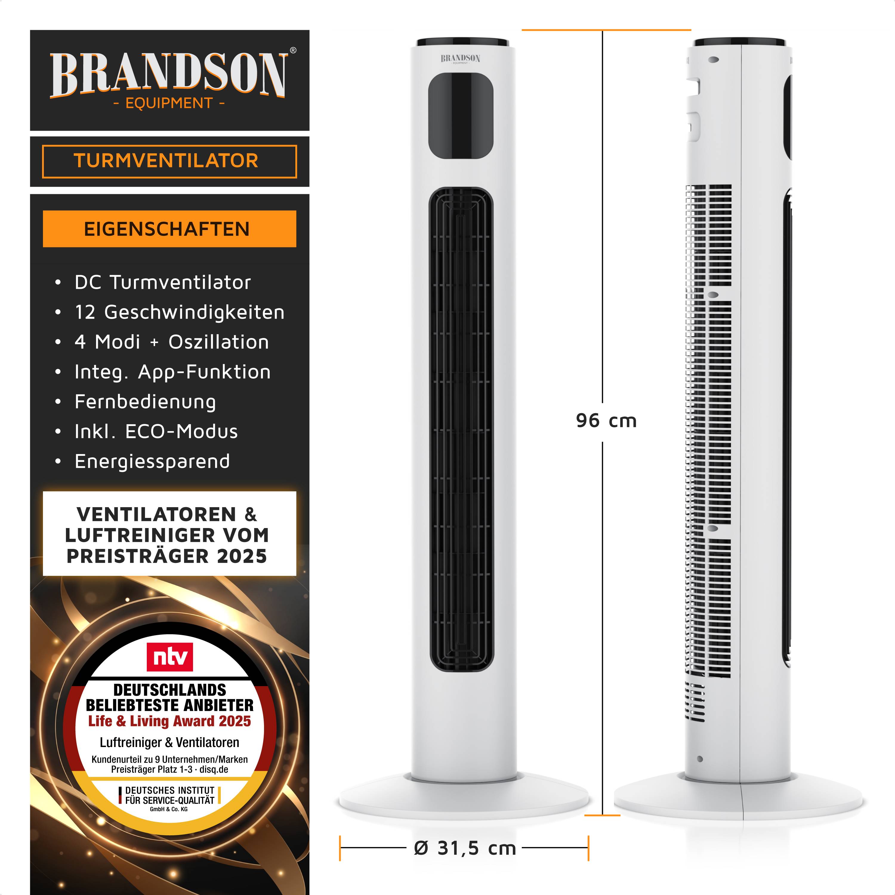 Brandson ECO Turmventilator Silent, 12 Leistungsstufen, Ventilator Standventilator mit DC-Motor, Timer & Fernbedienung-1