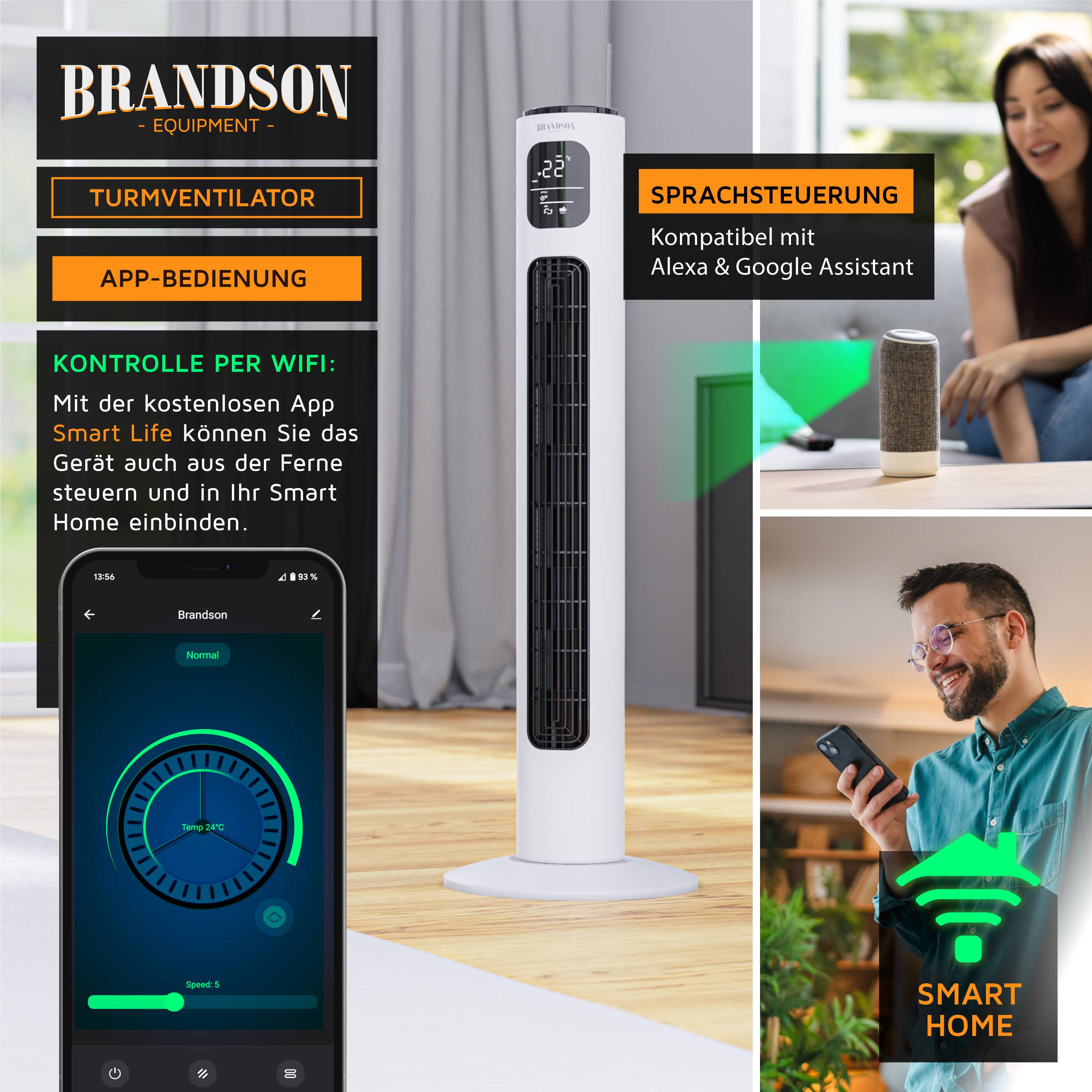 Brandson ECO Turmventilator Silent, 12 Leistungsstufen, Ventilator Standventilator mit DC-Motor, Timer & Fernbedienung-4