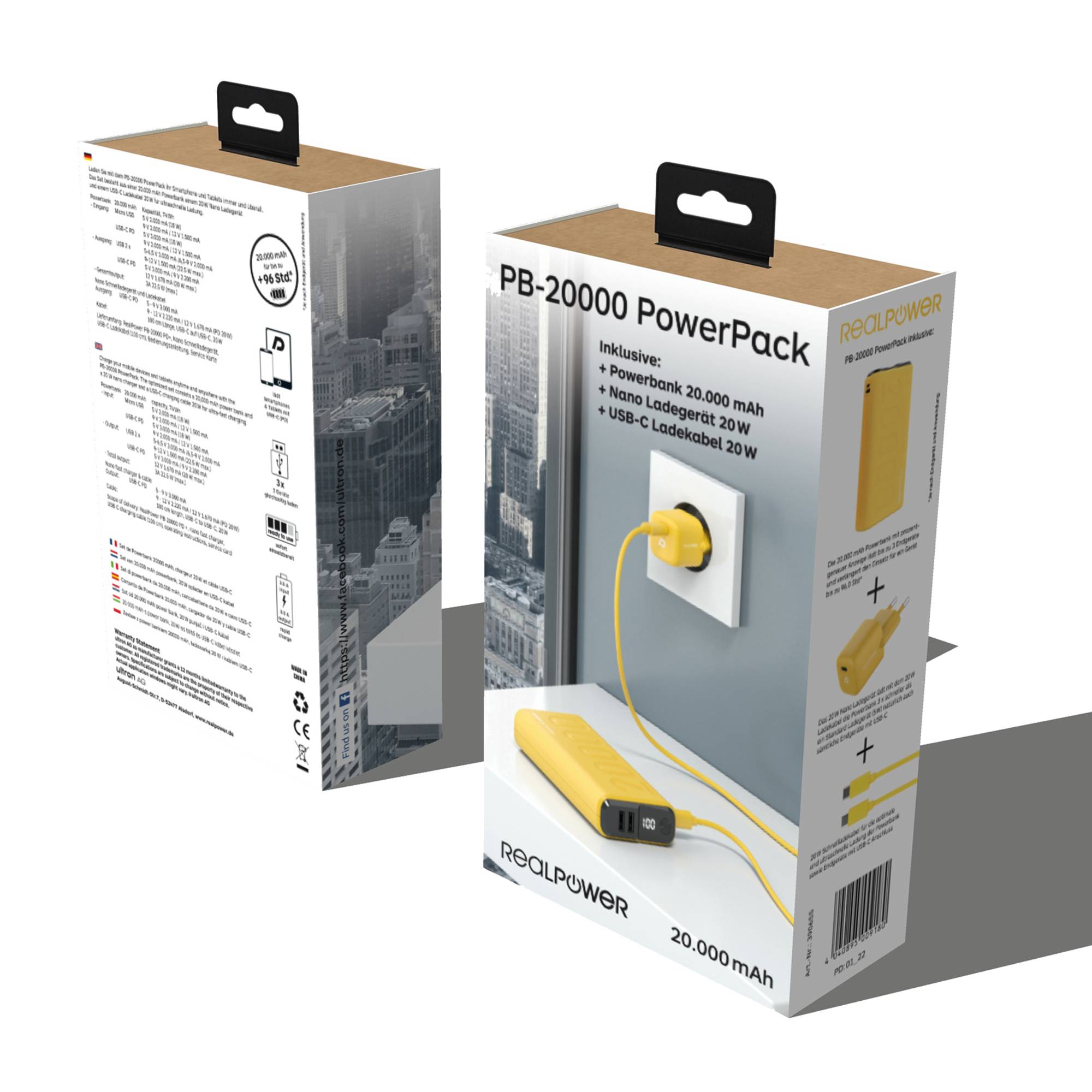 RealPower PB-20000, 20000 mAh, Lithium Polymer (LiPo), 22,5 W, Gelb-2