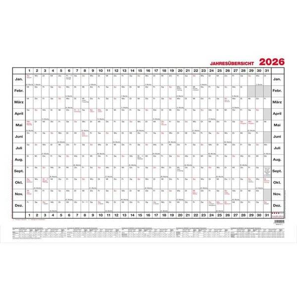 Jahresübersicht 100x60cm quer im Versandrohr Kalendarium 2027