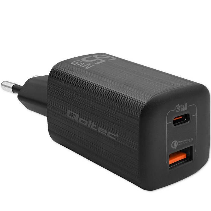 Qoltec 65W GaN Ultra Charger 5 to 2.25 USB C PD QC 3.0 BlackLadegerät-0