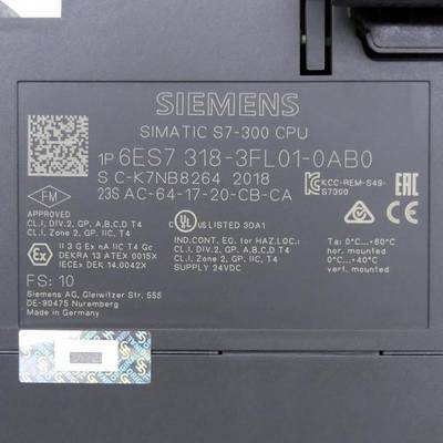 Siemens Dig.Industr. Zentralbaugruppe 2,5MByte 12MBit/s 6ES7318-3FL01-0AB0-1