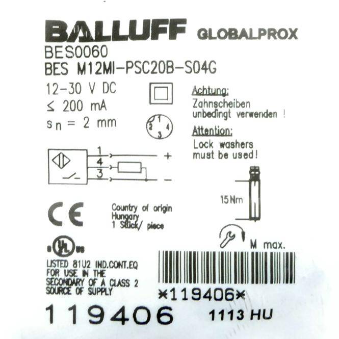 BALLUFF Induktiver Näherungsschalter BES0060 (BES M12MI-PSC20B-S04G)-1