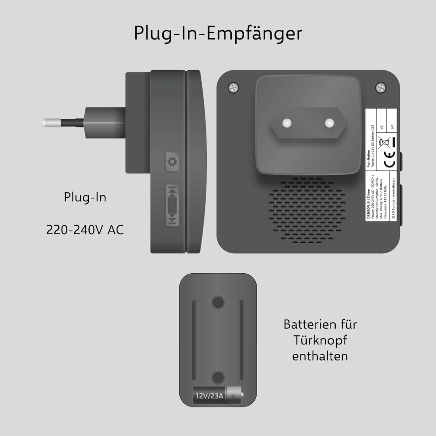 ELRO DB3000 Funk Türklingel Set 2X Plug-in Empfänger für Steckdose - Wasserdicht, 300m Reichweite, 64 Melodien-3