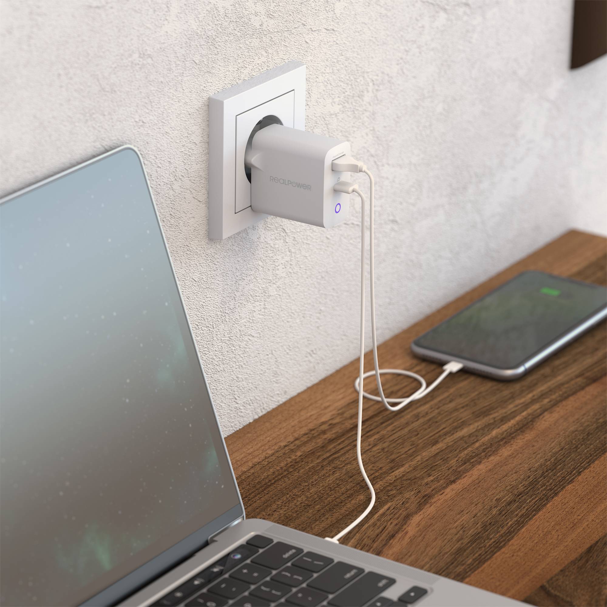 RealPower 352262 - Indoor - AC - 20 V - Weiß - 65 Watt GaN Wandladegerät mit USB-1