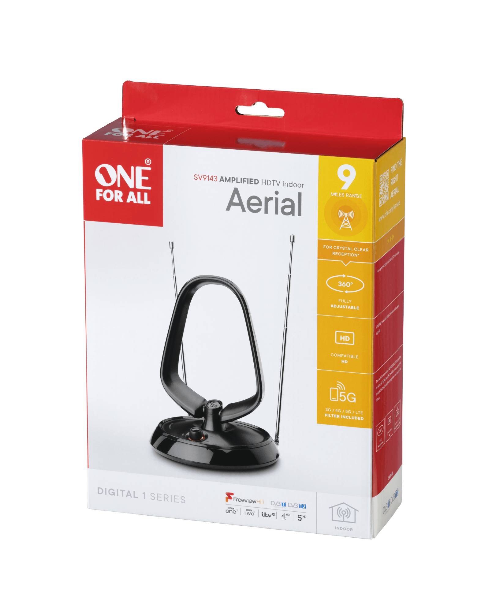 One for All Value Line DVB-T Indoor Antenne 5G - Indoor - Schwarz - 1 m - DVB-T-2