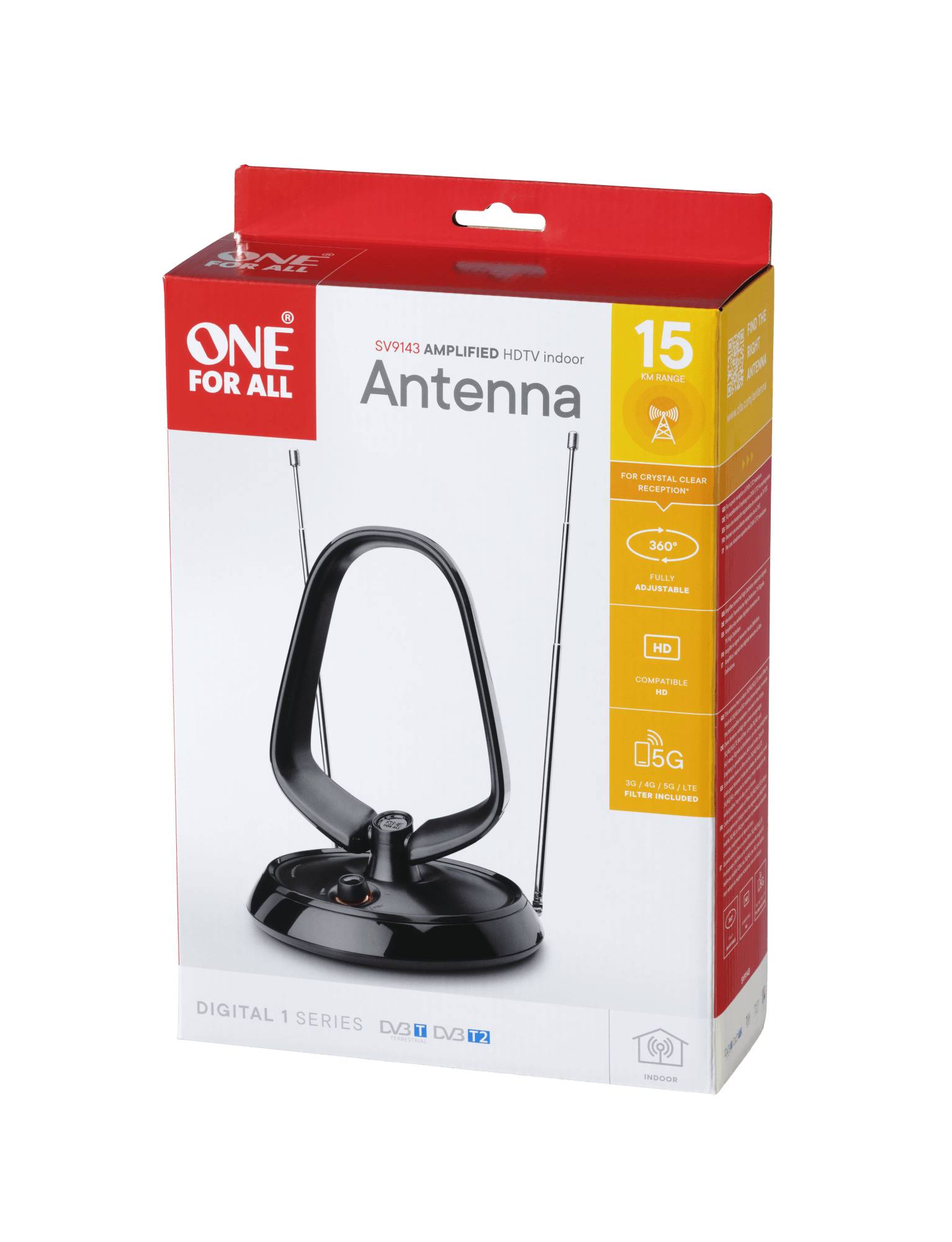 One for All Value Line DVB-T Indoor Antenne 5G - Indoor - Schwarz - 1 m - DVB-T-3