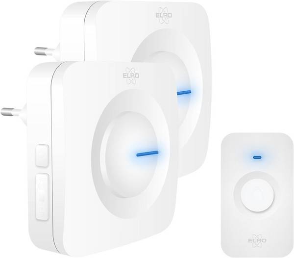 ELRO DB3000 Funk Türklingel Set - 2x Plug-in Empfänger für Steckdose - Wasserdicht, 300m Reichweite, 64 Melodien - Weiß