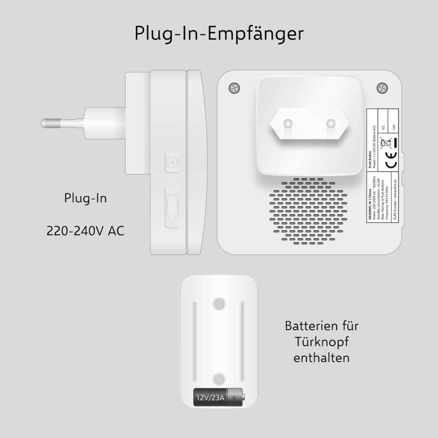 ELRO DB3000 Funk Türklingel Set - 2x Plug-in Empfänger für Steckdose - Wasserdicht, 300m Reichweite, 64 Melodien - Weiß-3