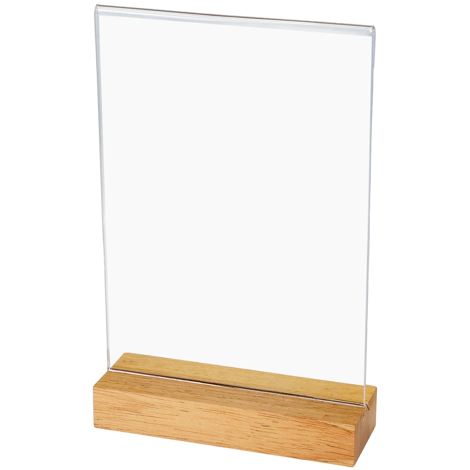 HMF Acryl Tischaufsteller im DIN A5 Hochformat, Tischkartenhalter mit massivem Holzfuß aus Eiche, T-Aufsteller, Glasklar