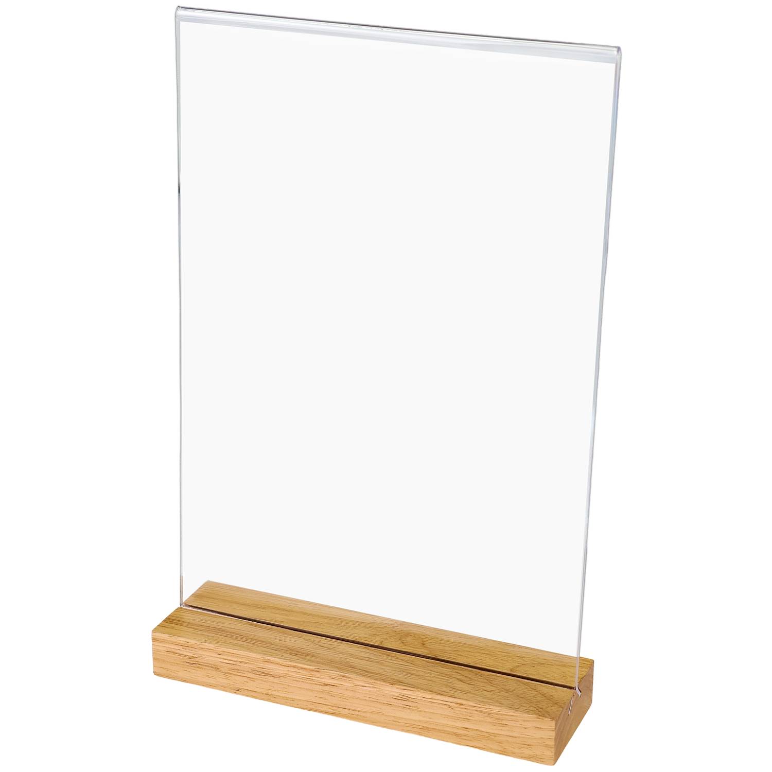 HMF Acryl Tischaufsteller im DIN A4 Hochformat, Tischkartenhalter mit massivem Holzfuß aus Eiche, T-Aufsteller, Glasklar